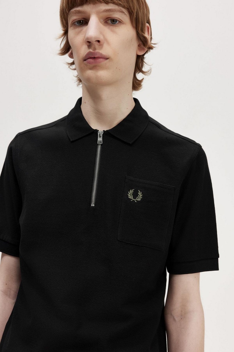 Fred Perry Textured Zip Neck Polo Shirt Piketröja Herr Svarta | BSESO30093