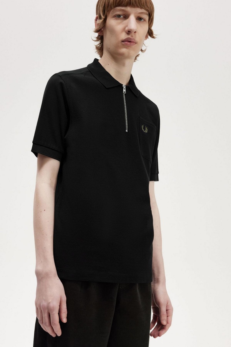 Fred Perry Textured Zip Neck Polo Shirt Piketröja Herr Svarta | BSESO30093