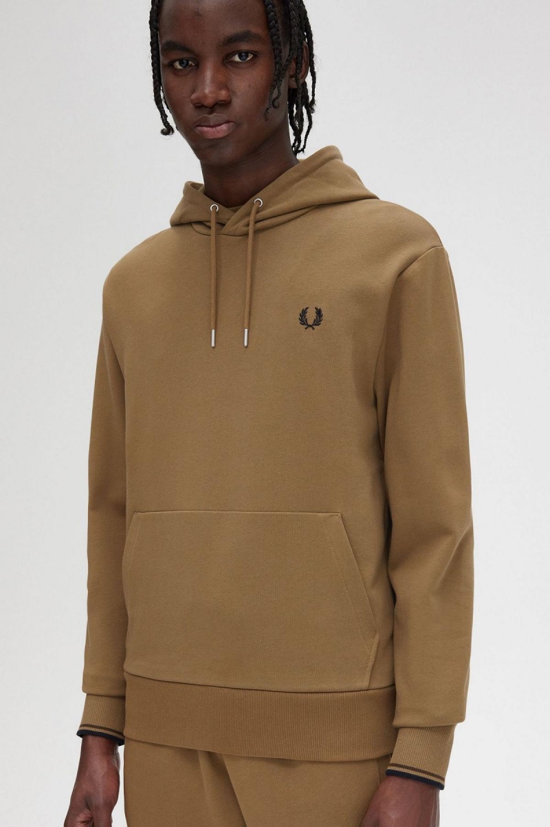 Fred Perry Tipped Hooded Sweatshirt Träningsoverall Herr Shaded Stone / Burnt Tobacco | SEDFL47899