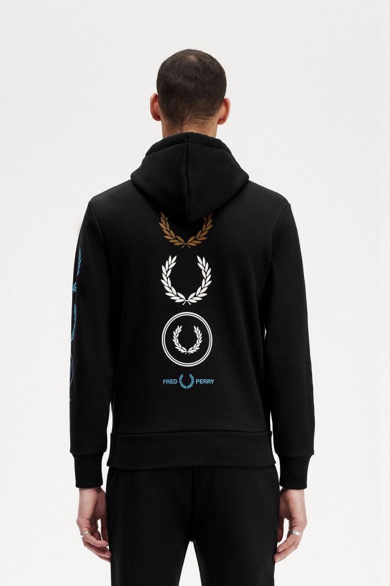 Fred Perry Tryck Branding Hooded Sweatshirt Träningsoverall Herr Svarta | SENZX90461