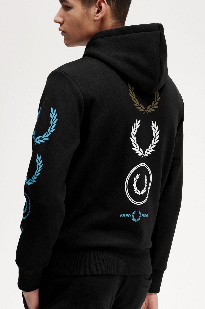 Fred Perry Tryck Branding Hooded Sweatshirt Träningsoverall Herr Svarta | SENZX90461