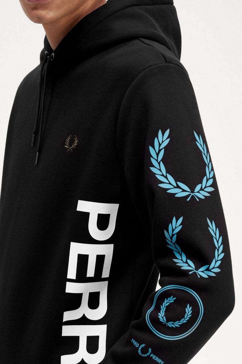 Fred Perry Tryck Branding Hooded Sweatshirt Träningsoverall Herr Svarta | SENZX90461