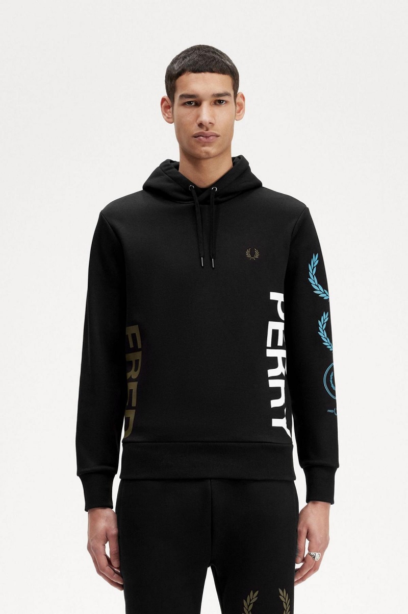 Fred Perry Tryck Branding Hooded Sweatshirt Träningsoverall Herr Svarta | SENZX90461