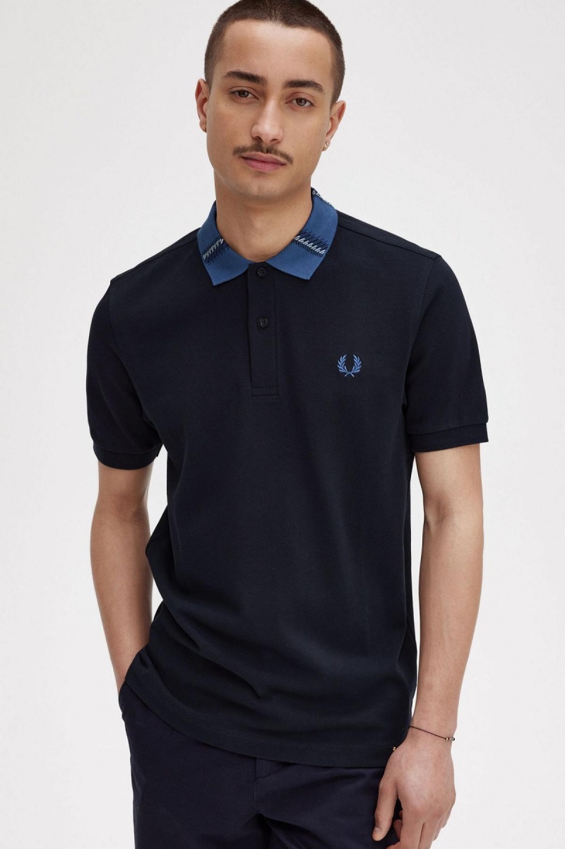 Fred Perry Tryck Collar Polo Shirt Piketröja Herr Marinblå | SEQAV50686