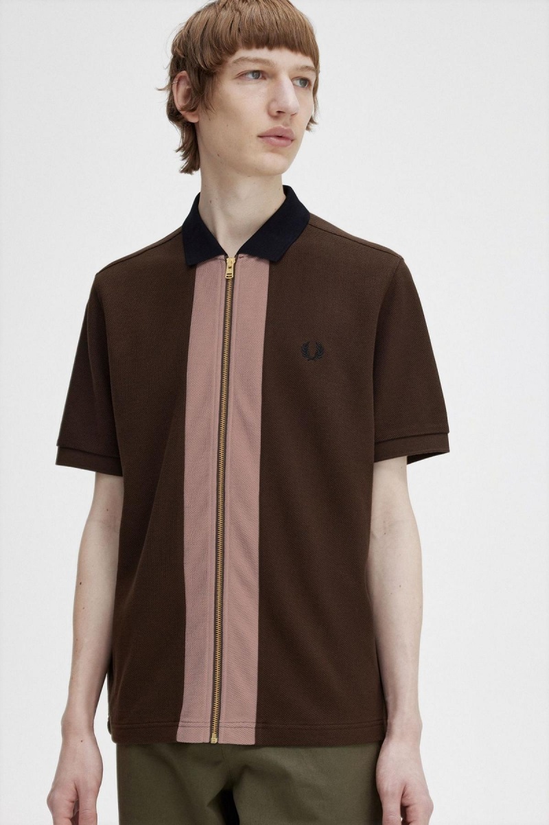 Fred Perry Zip Through Polo Shirt Piketröja Herr Burnt Tobacco | DSEVO51776